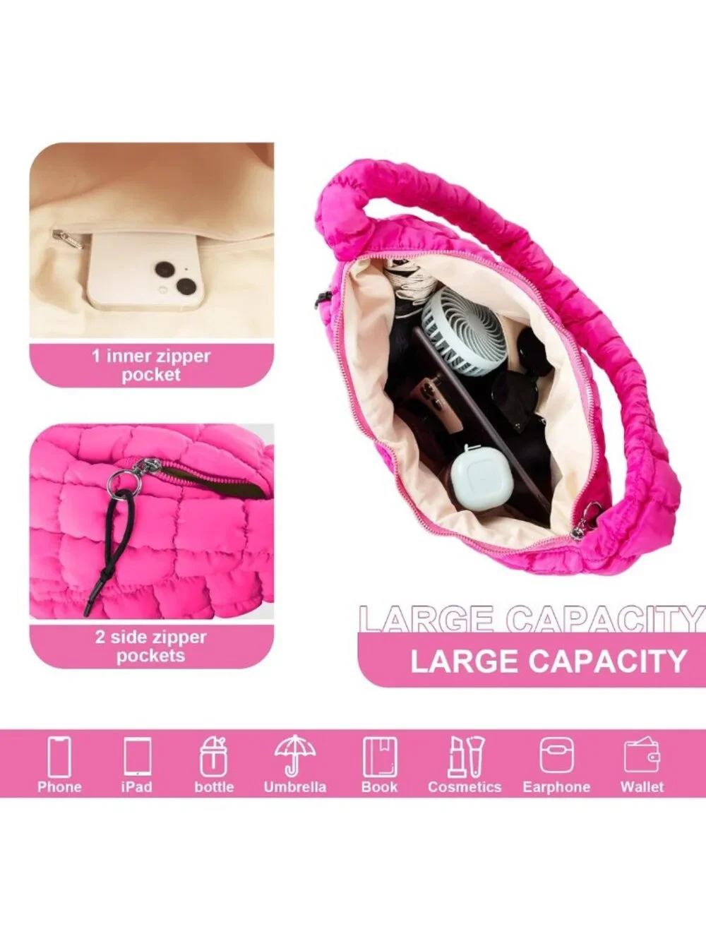 Lightweight Quilted Puffer Tote Bag | Puffy Crossbody Shoulder Hobo Purse